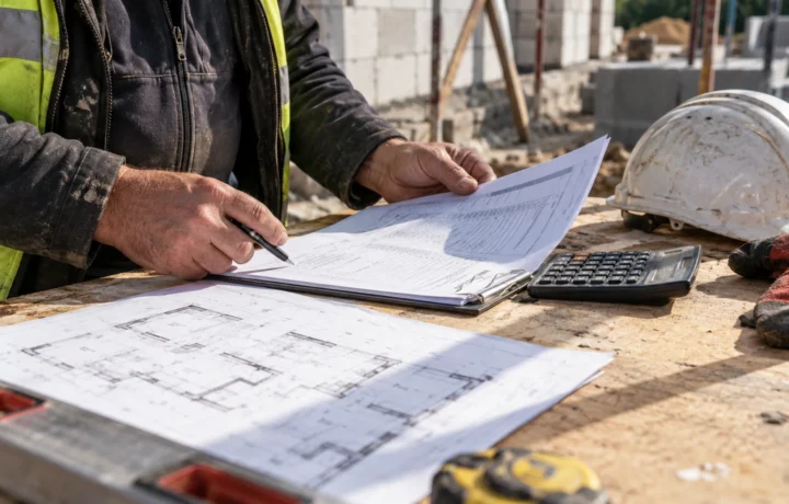Sprawdzanie wyceny dostawy betonu przy kalkulatorze i planach budowy.