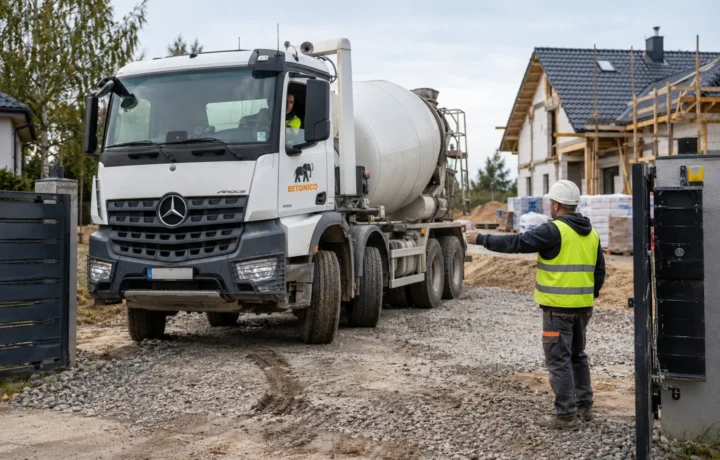 Betonowóz Betonico wjeżdża na budowę utwardzonym dojazdem, kierowany przez pracownika.