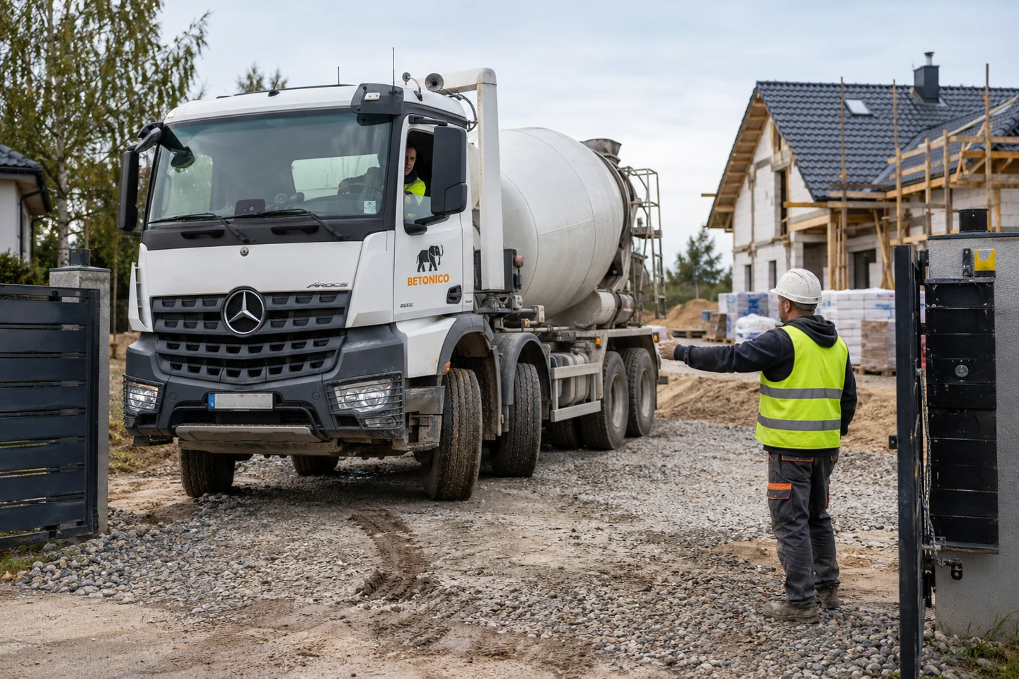Betonowóz Betonico wjeżdża na budowę utwardzonym dojazdem, kierowany przez pracownika.