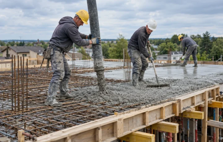 Ekipa betonuje zbrojony strop domu, rozprowadzając mieszankę z węża pompy.