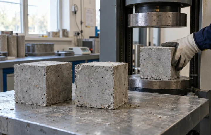 Próbki betonu w laboratorium podczas kontroli wytrzymałości mieszanki.