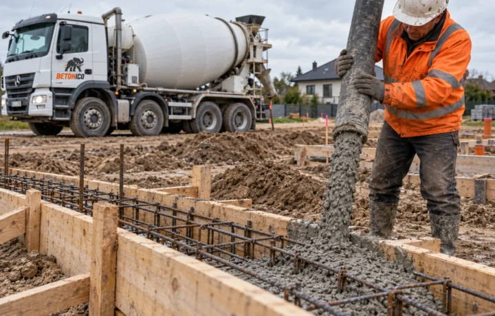 Pracownik podaje beton z pompy do zbrojonej ławy fundamentowej.