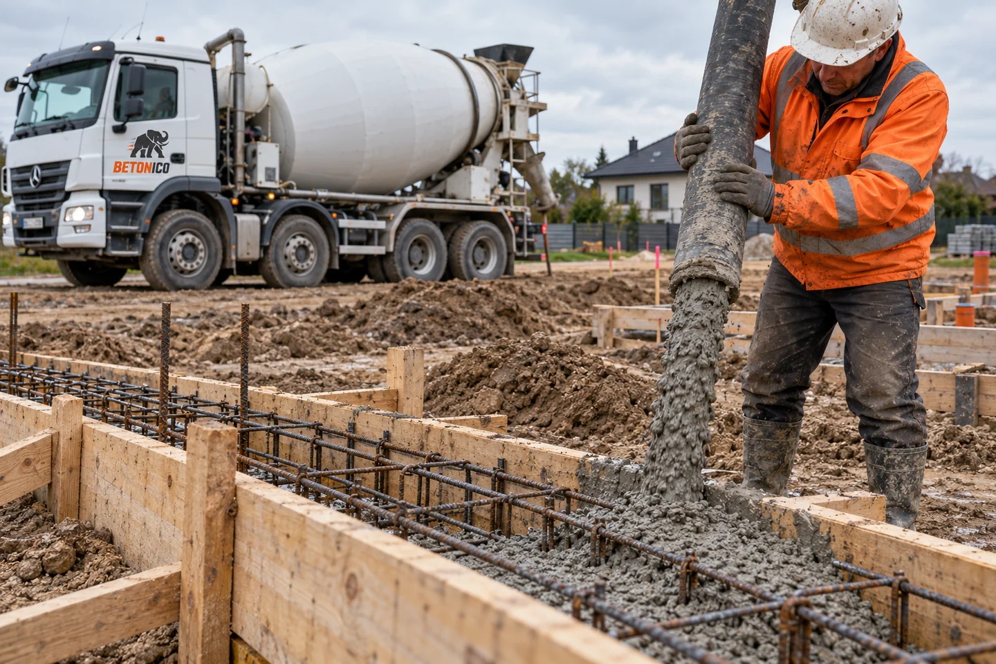 Pracownik podaje beton z pompy do zbrojonej ławy fundamentowej.