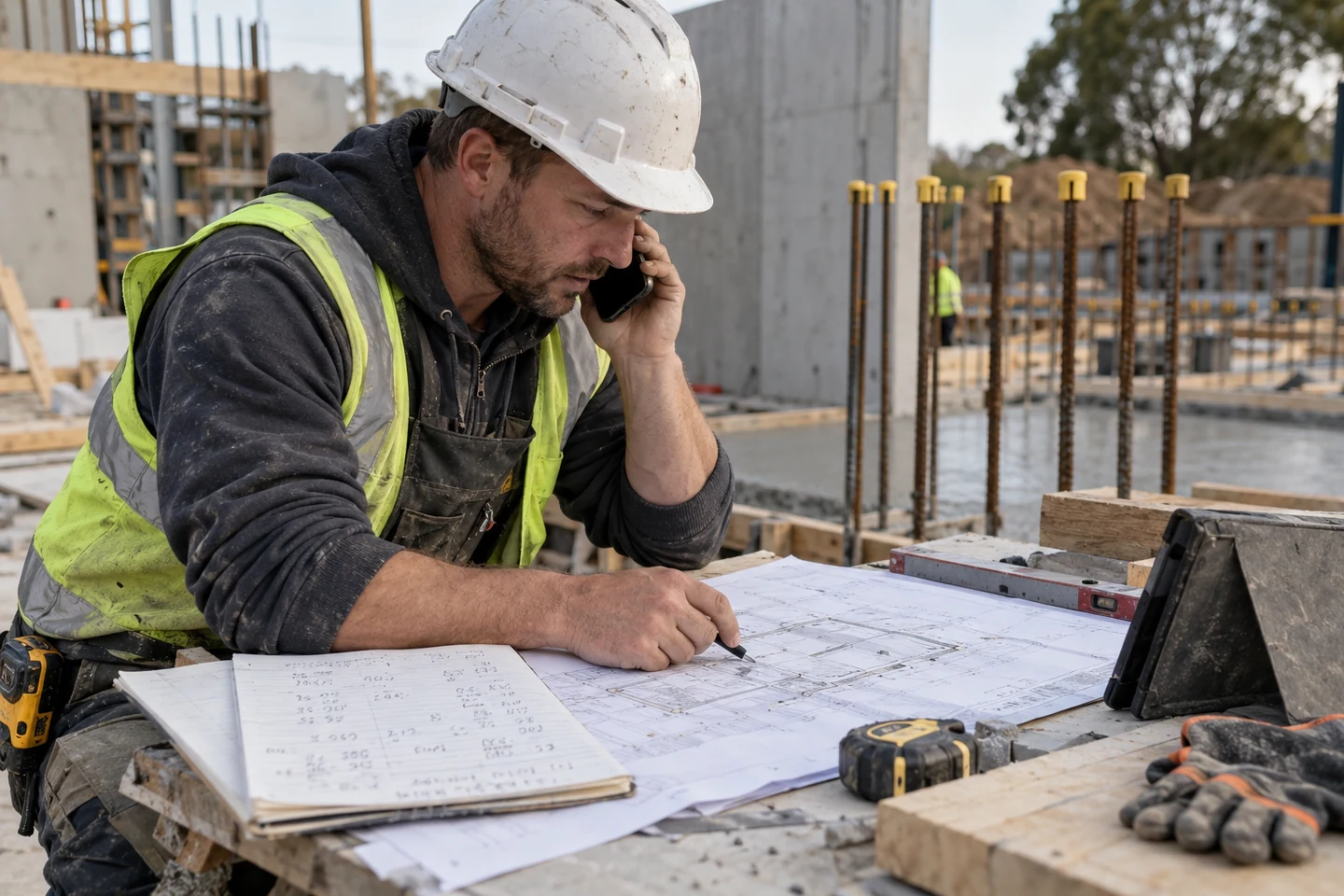 Kierownik budowy zamawia telefonicznie dostawę betonu, korzystając z planów budowy.