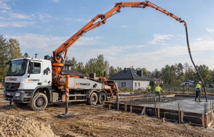 Pompa do betonu na rozstawionych podporach podaje mieszankę do fundamentu domu.