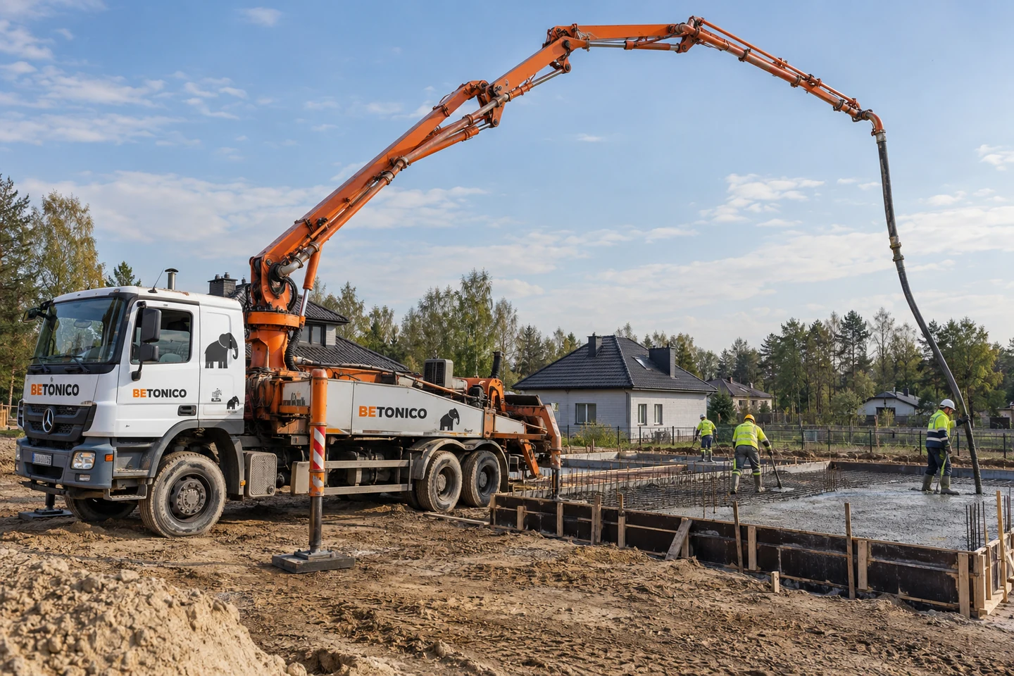 Pompa do betonu na rozstawionych podporach podaje mieszankę do fundamentu domu.