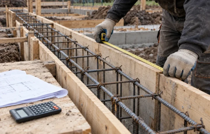 Pomiar szalunku i obliczanie objętości betonu na podstawie wymiarów i planów.