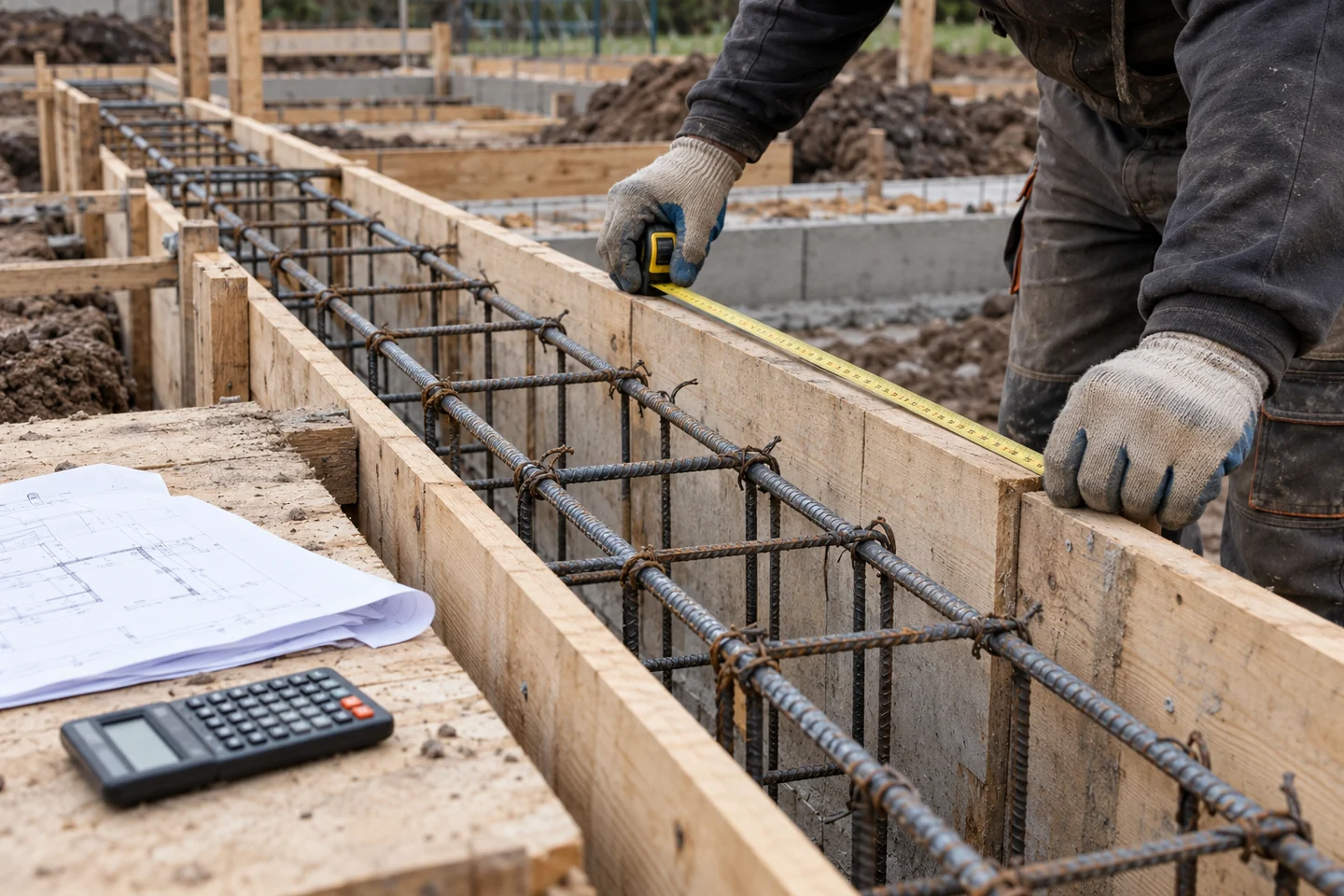 Pomiar szalunku i obliczanie objętości betonu na podstawie wymiarów i planów.