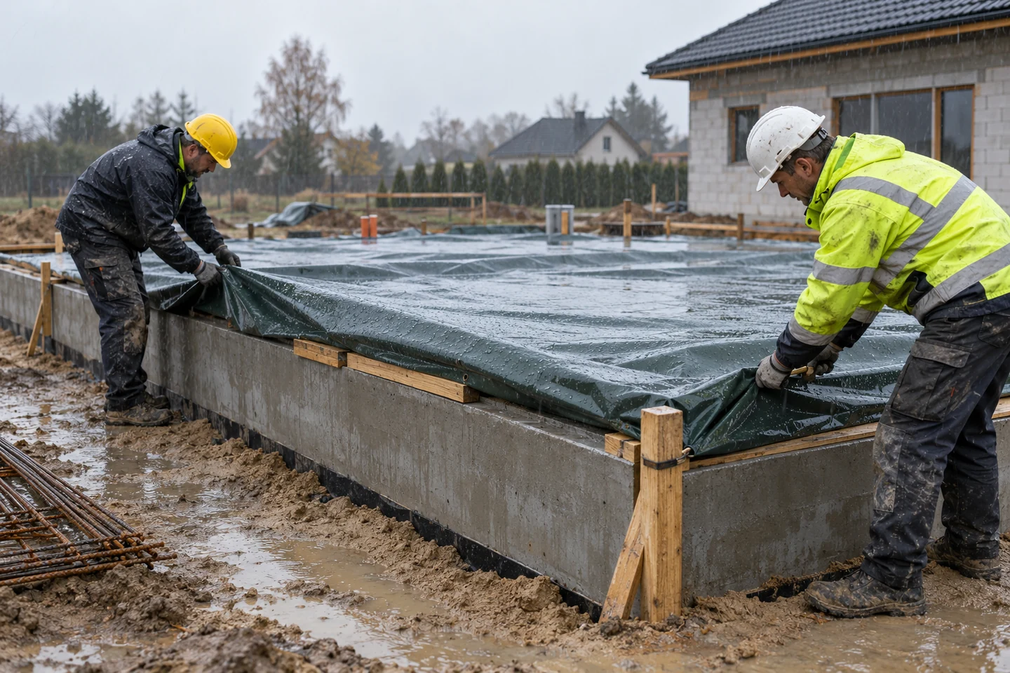 Pracownicy zabezpieczają świeży beton osłoną podczas deszczu.